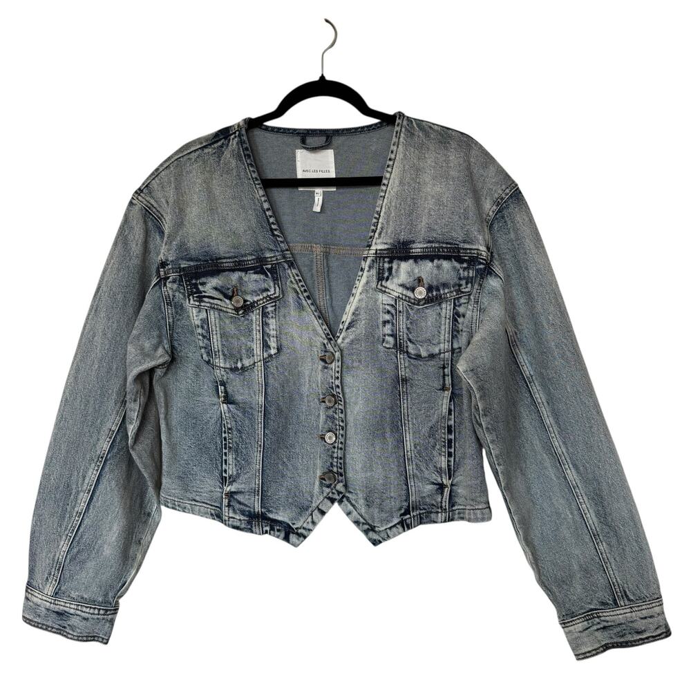 Avec Les Filles Blue Denim Cropped Jacket Womens XL Western Cowgirl Rodeo